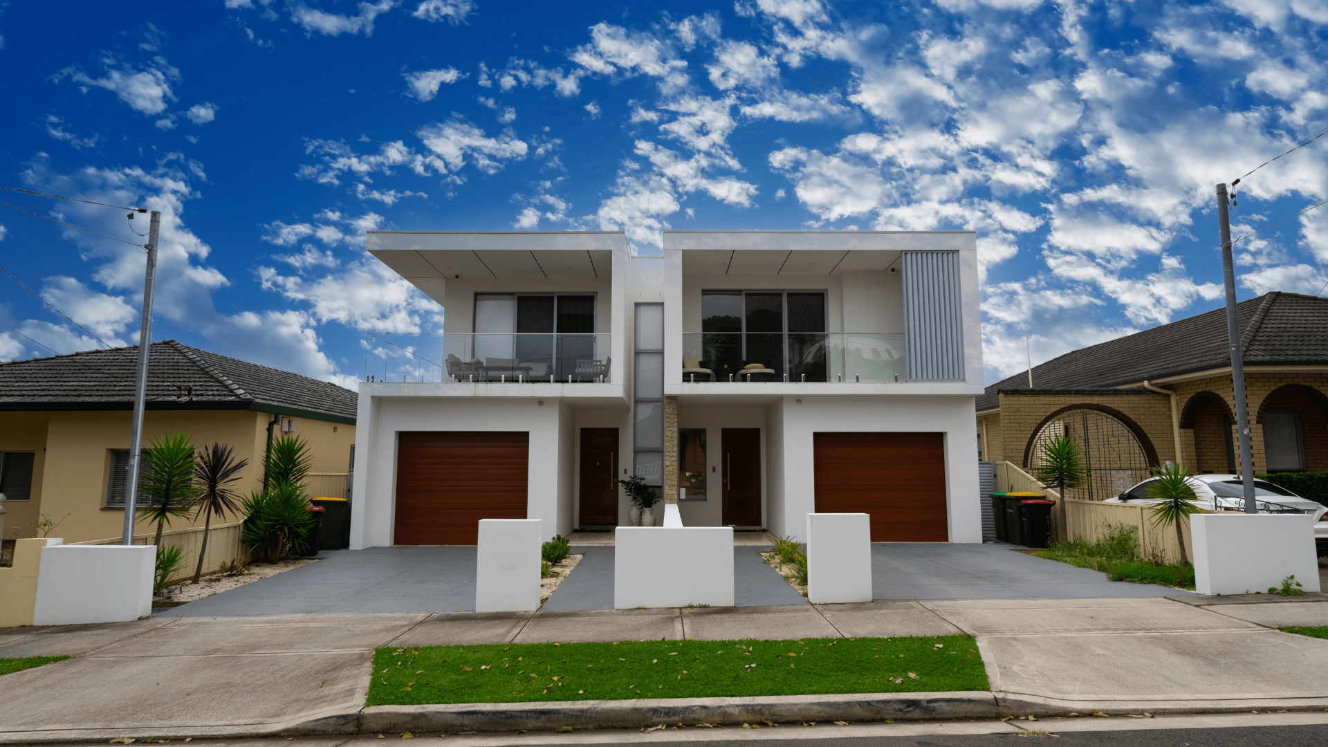 Duplex house with private poles in front yard