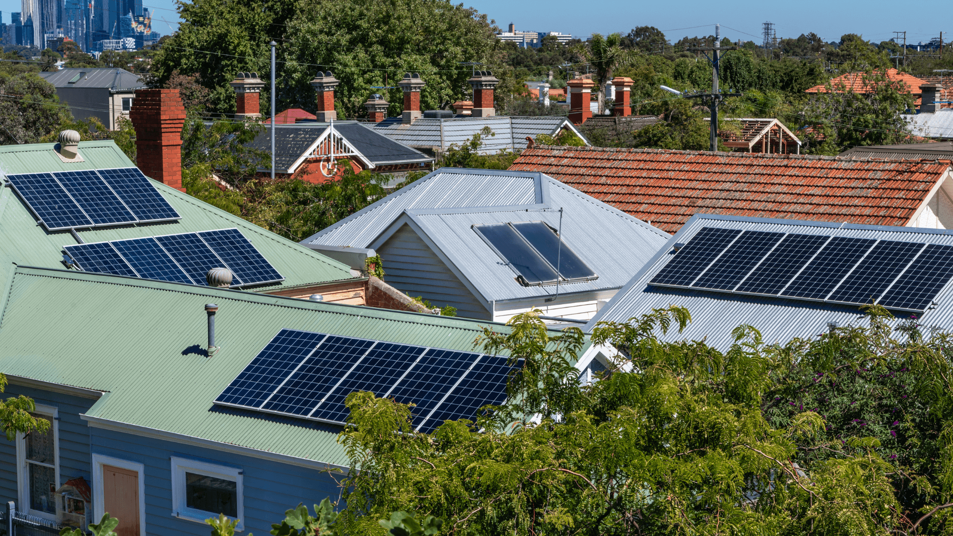 Solar on multicoloured roofs from birds eye view