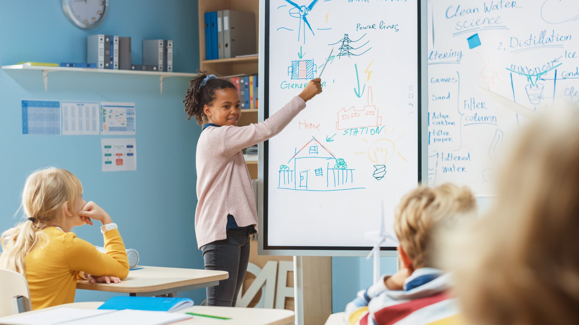 Girl explaining to peers where electricity comes from