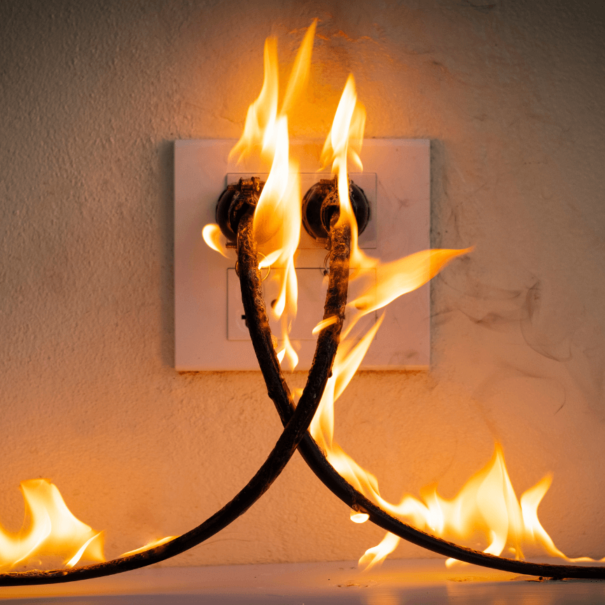 Electricity outlet with cables plugged in, cables on fire