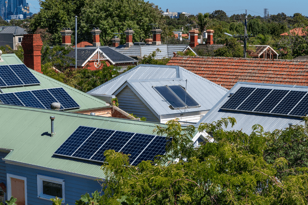 Solar on multicoloured roofs from birds eye view