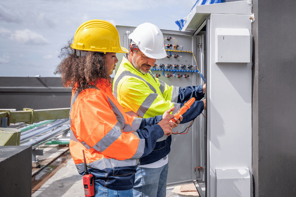 Male and female engineer working on switchboard